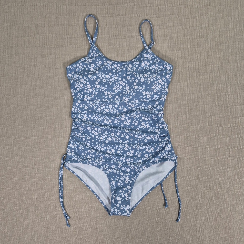 Girls Blue White Ditsy Floral Ruched One Piece Swimsuit Size 13-14Y